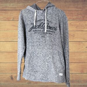 JACK & JONES Gray Black Fleece Hoodie with Front Pocket SZ XL